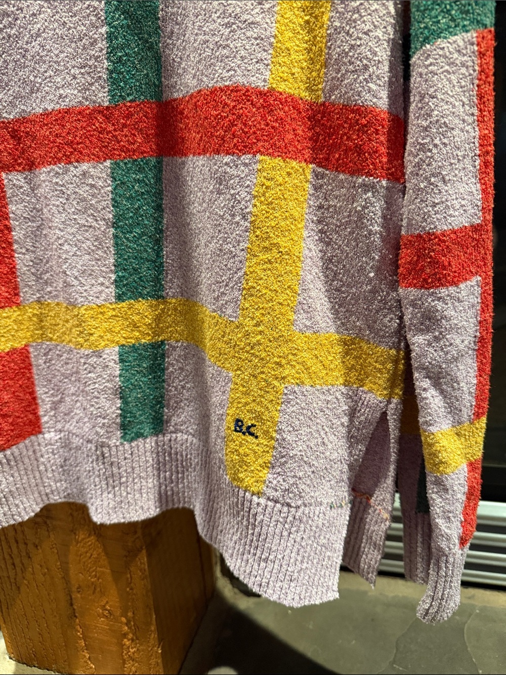 Bobo Choses Lavender Crewneck Sweater with Red, Green and Yellow Plaid - Picture 5 of 11